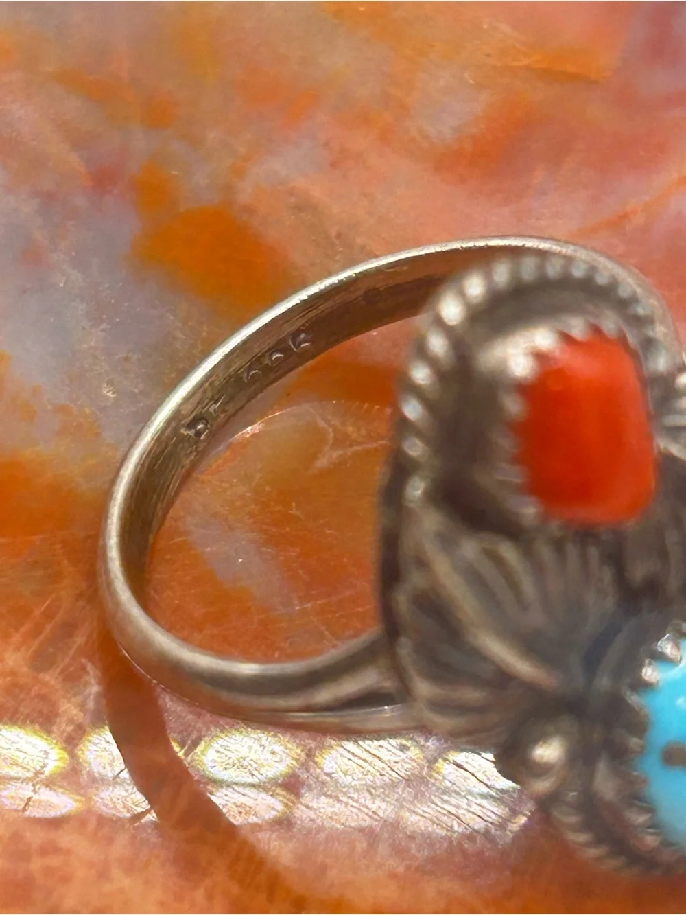 Southwest Sterling Silver Turquoise and Coral Ring - Size 8